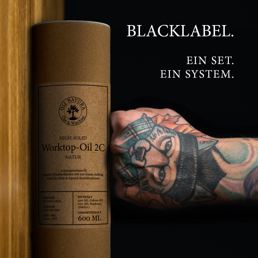 Worktop-Oil 2C BLACKLABEL Set mit 500 ml Öl und 100 ml Hardener für Holz und Epoxidharz