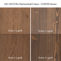 Farbwirkung von OLI-NATURA Hartwachsöl COFFEE brown auf Eiche und Fichte bei ein- und zweimaligem Auftrag